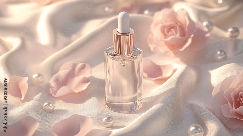 A classic clear glass serum bottle is elegantly placed on a surface covered with delicate white silk fabric, exuding softness and luxury. The bottle features a clean white empty label and a polished A classic clear glass serum bottle is elegantly placed on a surface covered with delicate white silk fabric, exuding softness and luxury. The bottle features a clean white empty label and a polished