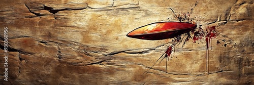 Prehistoric cave painting of a fireball hurtling toward Earth in a simplistic and childlike style reminiscent of Lascaux cave paintings photo