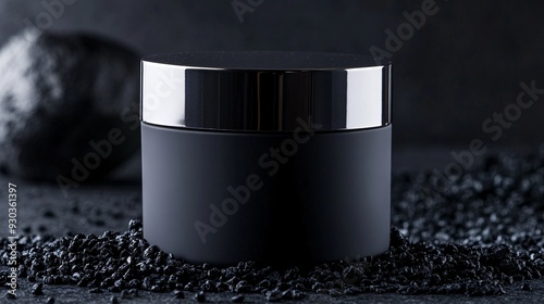 A sophisticated, black matte cosmetic jar with a white empty label is set against a background of deep charcoal, creating a dramatic and luxurious atmosphere. The jar is paired with a polished silver