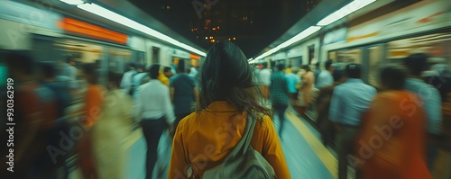 dynamic 4k cinematic shot from behind a panicking college student at Rajiv Chowk metro, rushing towards closing train door, bustling evening crowd photo