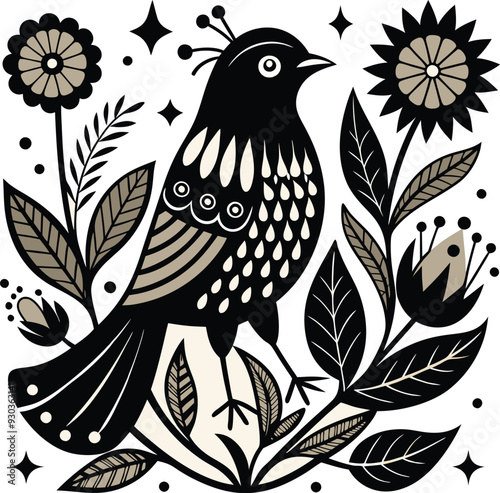 a black and white drawing of a bird with flowers and a bird.