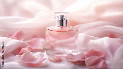 A frosted glass perfume bottle with a smooth white empty label is elegantly placed on a soft velvet surface, exuding a sense of softness and luxury. The bottle is topped with a brushed silver cap