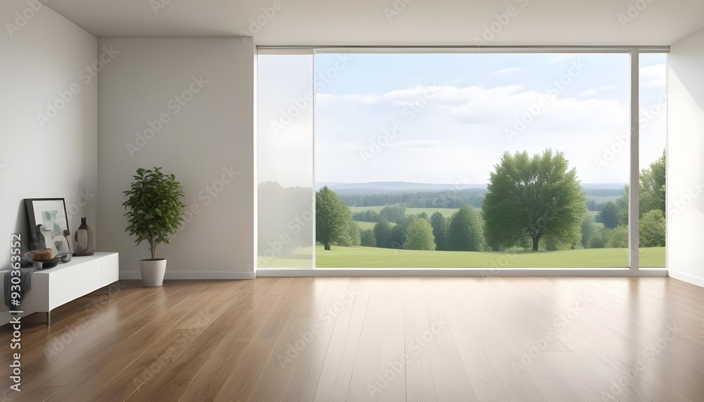 Fototapeta premium Empty room with large window overlooking a green outdoor landscape.