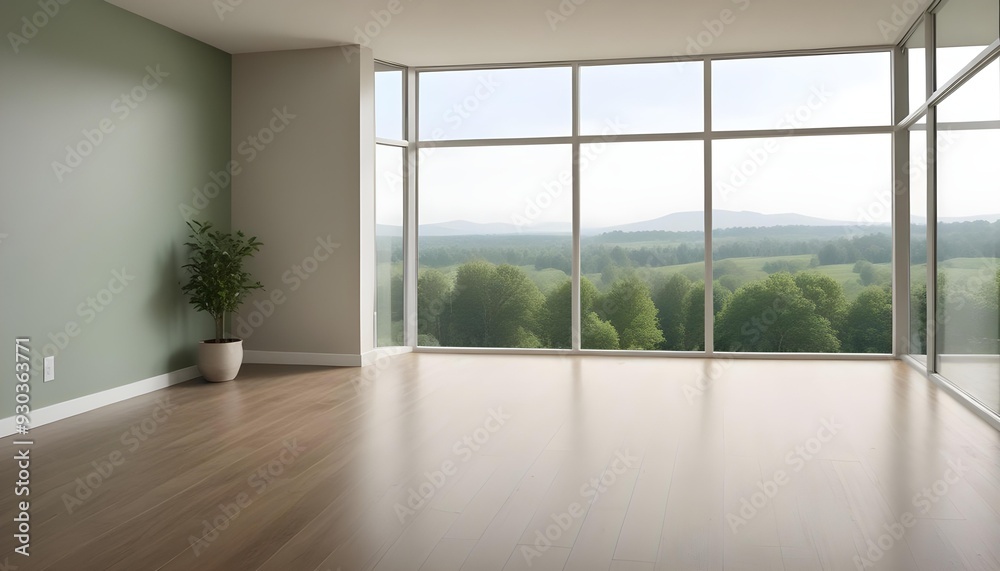 Obraz premium Empty room with large window overlooking a green outdoor landscape.