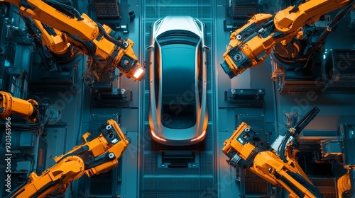 Image of a car assembly line with robotic arms dedicated to the production of state-of-the-art electric vehicles.