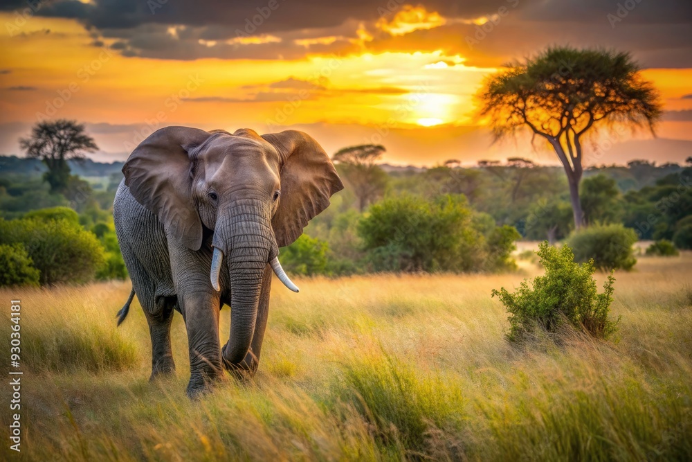 Fototapeta premium African elephant walks away into the sun-kissed savannah, its distinctive tail swishing behind, blending seamlessly into the wild grasslands of Kruger National Park, South Africa.