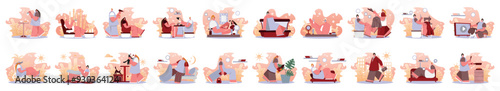 Bundle of body positive concepts with people scene in flat cartoon design. A massive collection of incredible illustrations of happy women in various situations. Vector illustration.