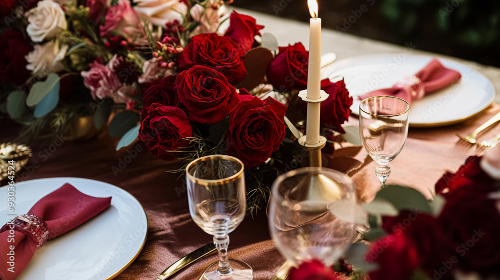 Wedding and event celebration tablescape with flowers, formal dinner table setting with roses and wine, elegant floral table decor for dinner party and holiday decoration, home styling idea Wedding and event celebration tablescape with flowers, formal dinner table setting with roses and wine, elegant floral table decor for dinner party and holiday decoration, home styling idea