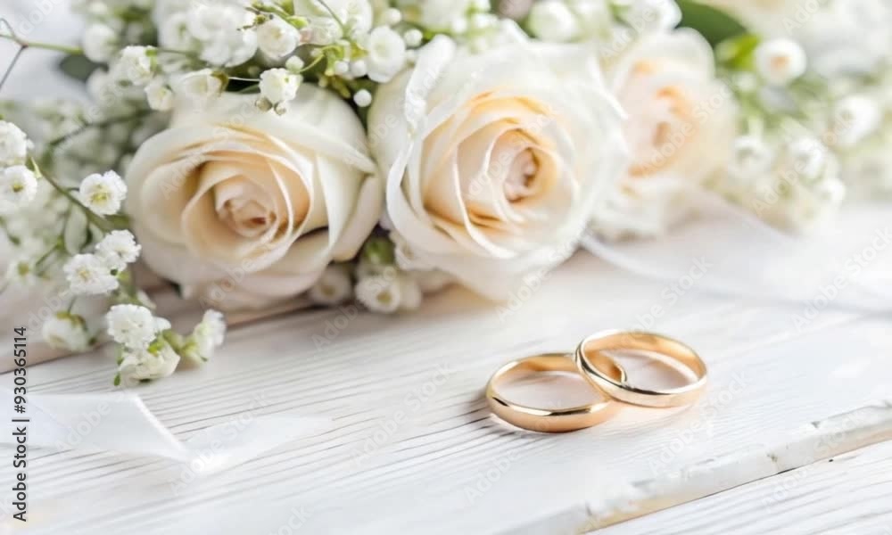 Wedding Rings on a Background of a Delicate Bouquet. Wedding, Engagement, and Celebration Scene Wedding Rings on a Background of a Delicate Bouquet. Wedding, Engagement, and Celebration Scene