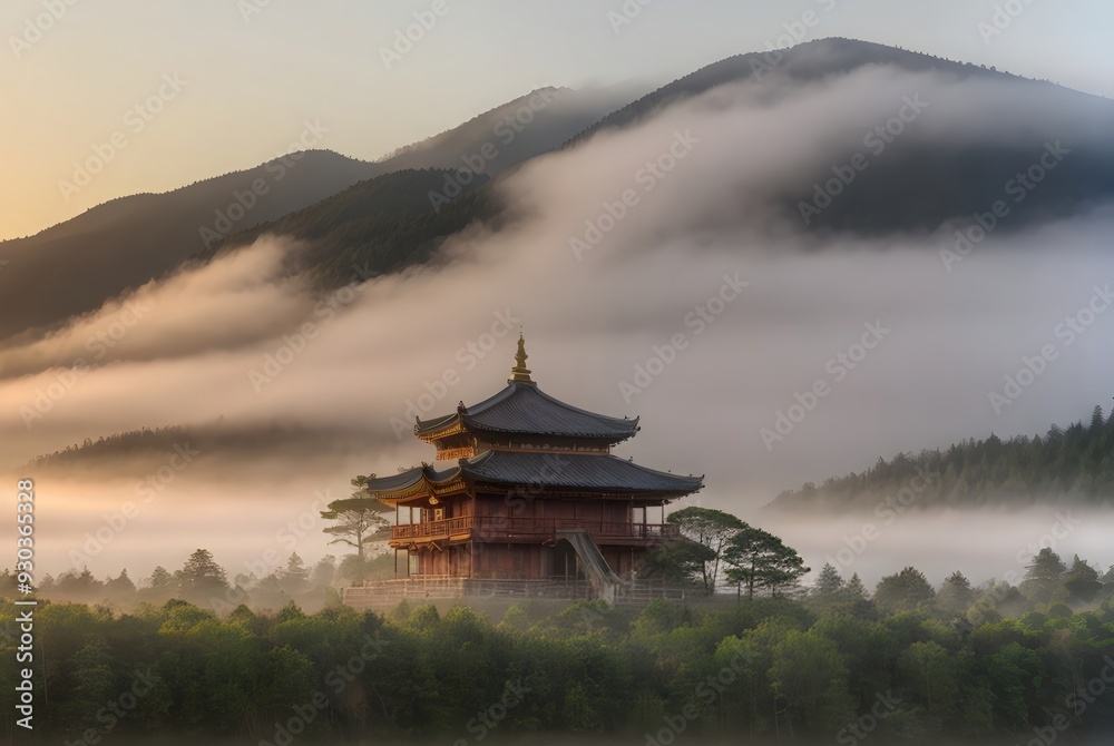 明け方、山奥の霧が立ち込める中に佇むお寺、神社、日本、アジアのイメージ 明け方、山奥の霧が立ち込める中に佇むお寺、神社、日本、アジアのイメージ