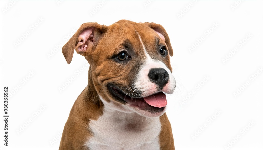 笑顔のアメリカン・スタッフォードシャー・テリアの子犬のポートレート(Portrait of a smiling American Staffordshire Terrier puppy on white background)
笑顔のアメリカン・スタッフォードシャー・テリアの子犬のポートレート(Portrait of a smiling American Staffordshire Terrier puppy on white background)