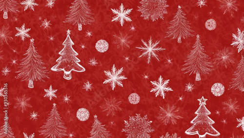 Seamless red Christmas themed paper with cartoon Christmas tree and snow for paper or textile