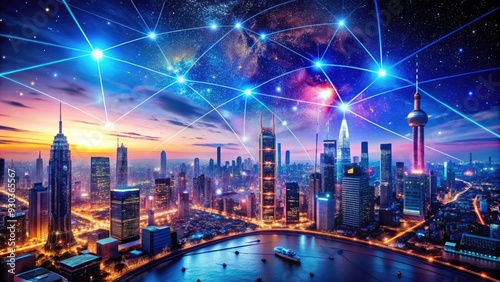 Wallpaper Mural A futuristic portrayal of mass communication and digital age, featuring a cityscape with glowing screens, satellites, and wireless signals converging in a vibrant, neon-lit atmosphere. Torontodigital.ca