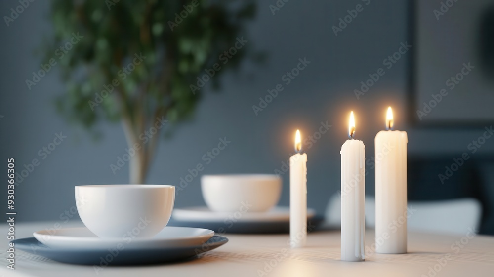 Romantic dinner setup, candlelit table, 3D illustration