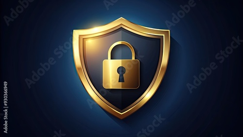 A golden shield with a lock icon at its center, symbolizing protection, security, and safety, on a dark blue background with a subtle gradient effect. photo