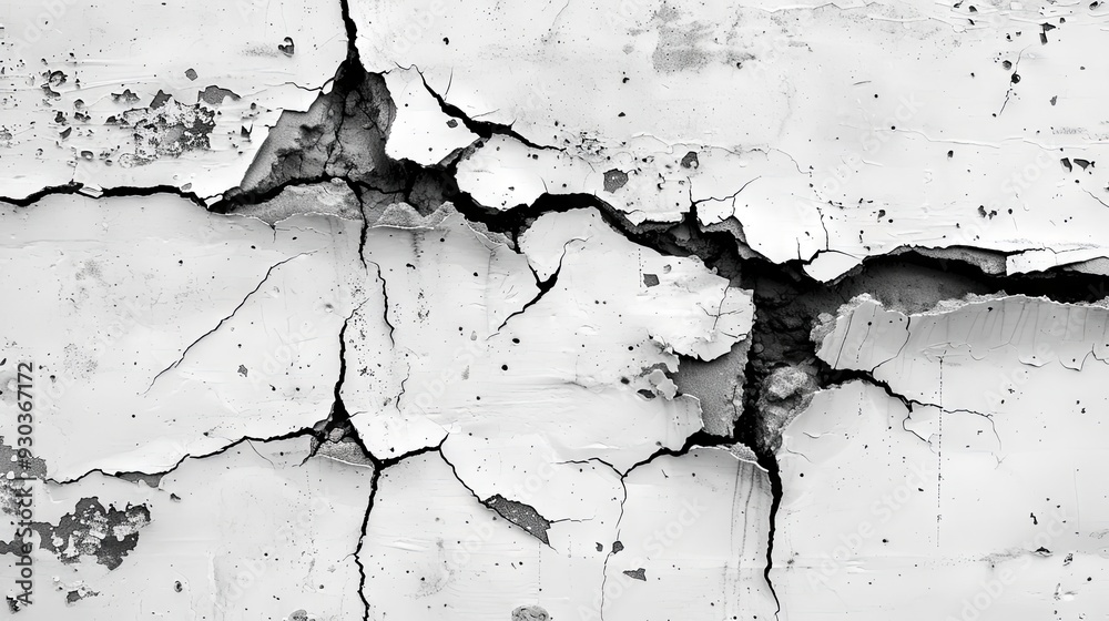Fototapeta premium Cracked wall, black crack lines on white wall background. Old grunge cement texture surface destruction, earthquake effect, split fractured damaged concrete construction