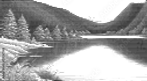 A landscape composed of mountains, trees, and a river, created using variable line thickness. The technique employs alternating thick and thin stripes, generating depth and textur