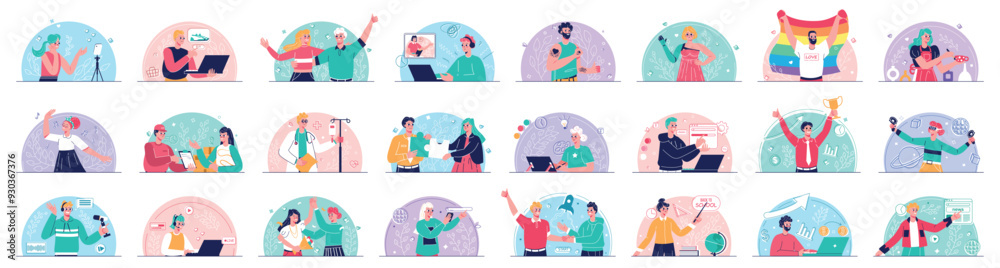 Mega set of colorful concepts with people scene in flat cartoon design. Illustrations cover life situation in many aspects with smiling men and women with a round background. Vector illustration. Mega set of colorful concepts with people scene in flat cartoon design. Illustrations cover life situation in many aspects with smiling men and women with a round background. Vector illustration.