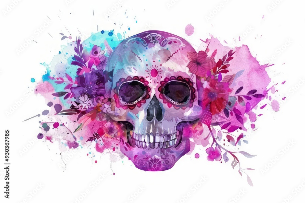 Fototapeta premium Day of the dead template. Watercolor mexican floral sugar skull with flower bouquet on white background. Lettering Dia de los muertos. Fiesta celebration, Halloween holiday poster, flyer, banner