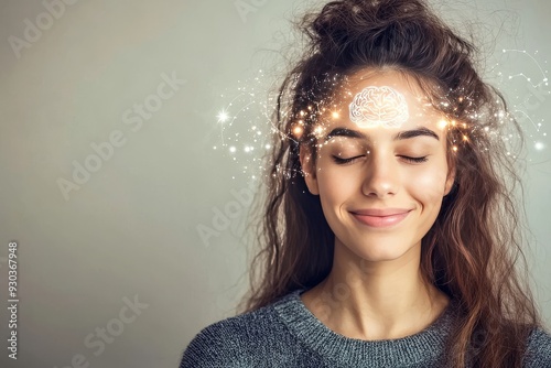 A young woman with her eyes closed and subtle sparks around her head represents calm and mindfulness embodying inner peace meditation and the quiet energy of mental clarity