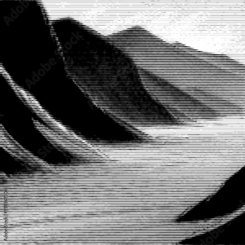 A landscape composed of mountains, trees, and a river, created using variable line thickness. The technique employs alternating thick and thin stripes, generating depth and textur