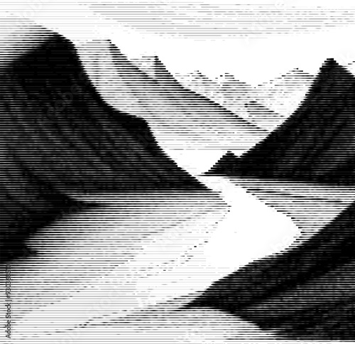 A landscape composed of mountains, trees, and a river, created using variable line thickness. The technique employs alternating thick and thin stripes, generating depth and textur