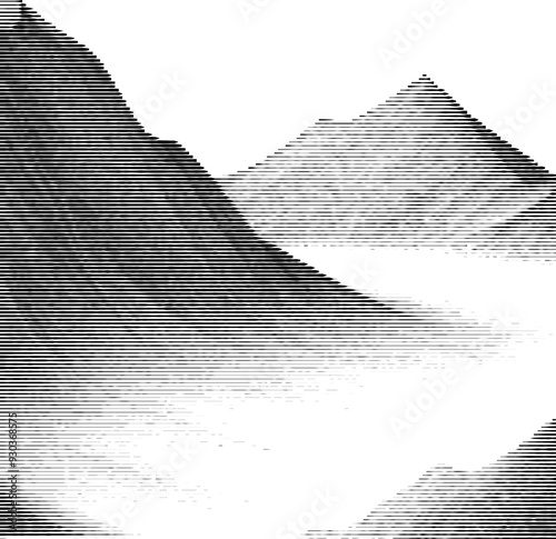 A landscape composed of mountains, trees, and a river, created using variable line thickness. The technique employs alternating thick and thin stripes, generating depth and textur