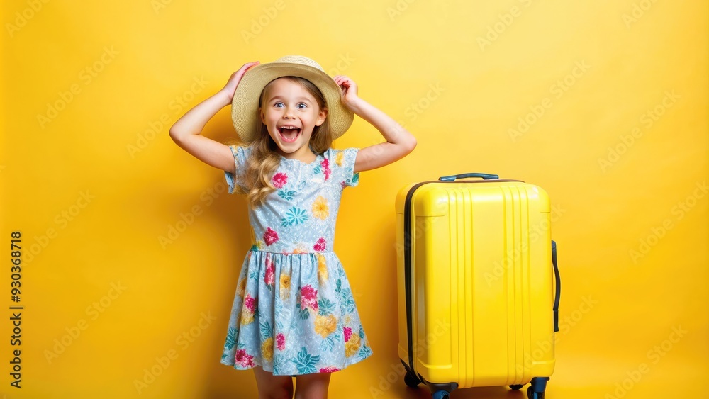 A happy young girl in a bright summer dress stands beside a yellow suitcase, beaming with excitement, ready to embark on a fun-filled vacation adventure. A happy young girl in a bright summer dress stands beside a yellow suitcase, beaming with excitement, ready to embark on a fun-filled vacation adventure.