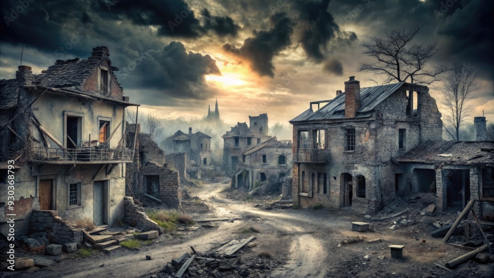 A hauntingly eerie scene of a war-torn village, littered with remnants ...