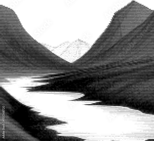 A landscape composed of mountains, trees, and a river, created using variable line thickness. The technique employs alternating thick and thin stripes, generating depth and textur