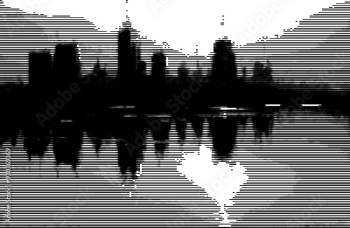 Abstract pixel city reflection on tranquil lake