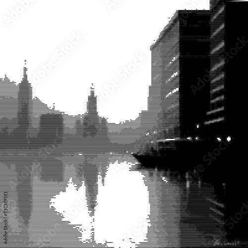 Cityscape silhouette with pixel reflection on water