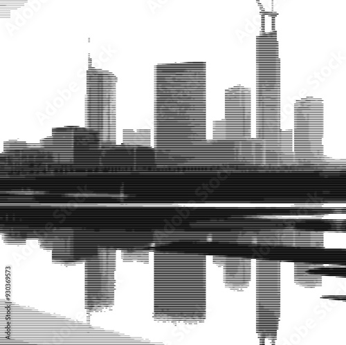 Silhouetted buildings reflected in body of water