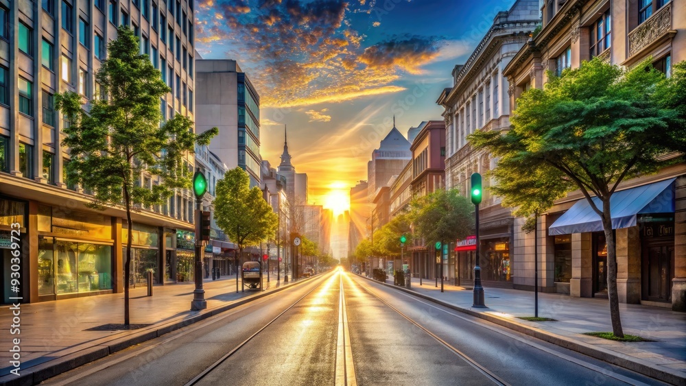 Naklejka premium A joyful empty city street scene at sunrise with no face masks or social distancing, symbolizing a world free from coronavirus restrictions.