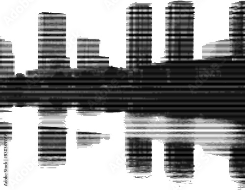 Abstract pixel art of urban skyline on lakeside
