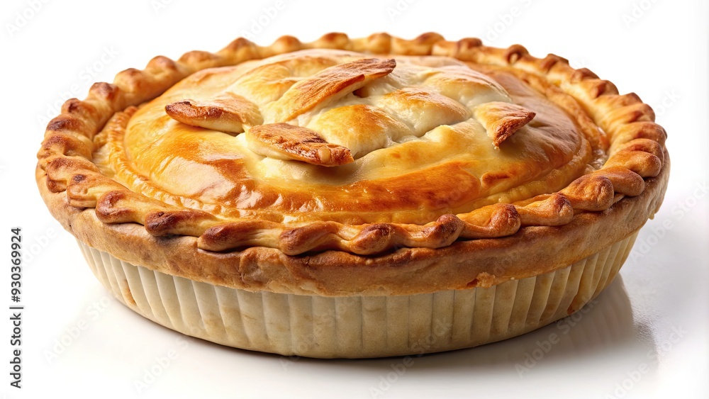 A juicy, golden-brown chicken pie sits alone on a white background, showcasing its flaky crust and savory filling in a tantalizing, mouthwatering display. A juicy, golden-brown chicken pie sits alone on a white background, showcasing its flaky crust and savory filling in a tantalizing, mouthwatering display.