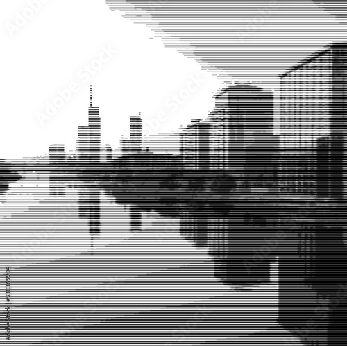 Digital representation of a cityscape and its reflection