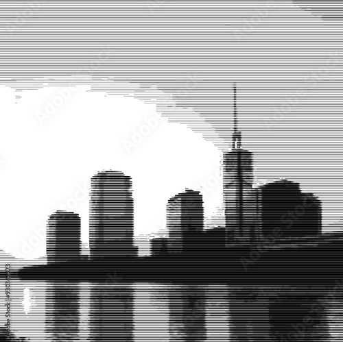 Stylized depiction of buildings reflected in water