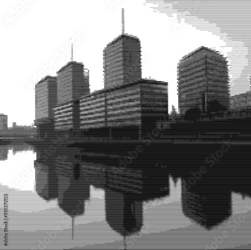Silhouetted buildings reflected in body of water