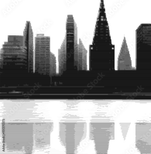City skyline reflected in water with abstract pixel effect
