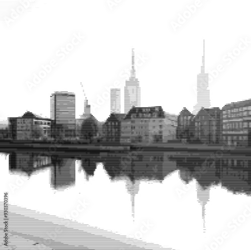 City skyline reflected in water with abstract pixel effect