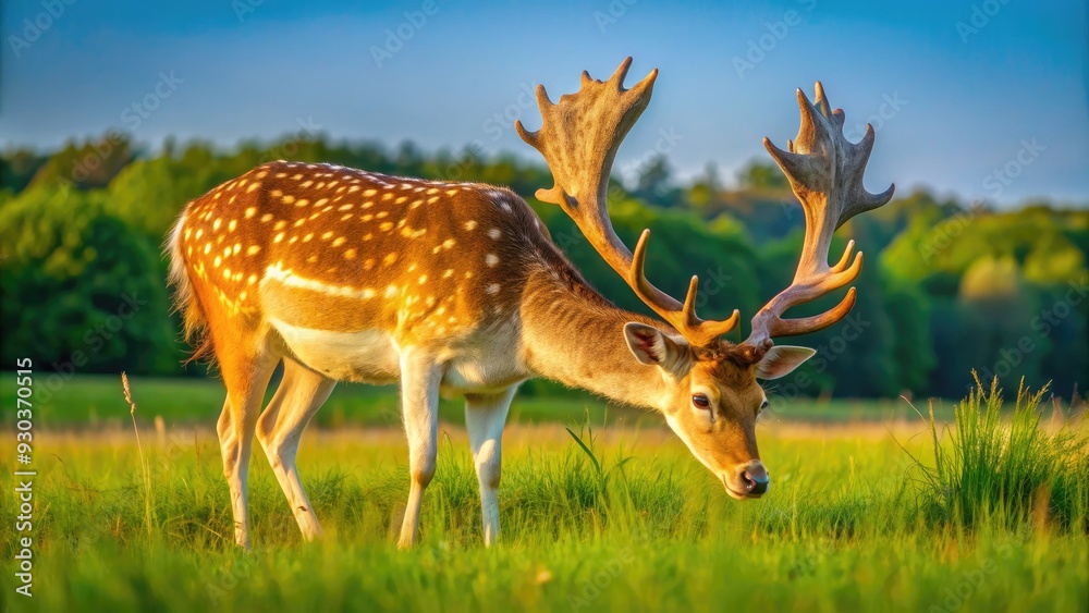 Obraz premium A large fallow deer with distinctive white spots on its brown coat grazes peacefully in a lush green meadow under a sunny blue sky.