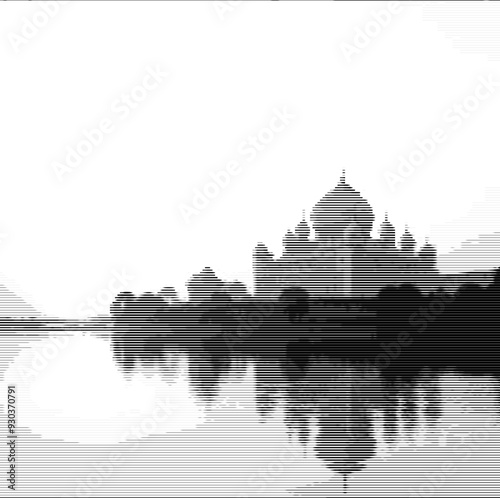 Sunset silhouette of a palace on a riverbank
