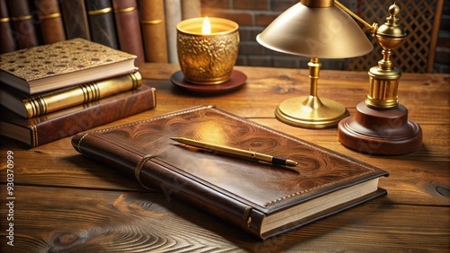 A leather-bound, gold-embossed monograph lies open on a wooden desk, surrounded by scattered papers, pens, and a vintage lamp, evoking a sense of studious elegance. photo