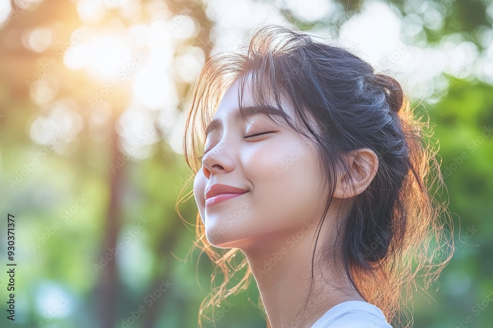 A young woman basking in the warm sunlight with eyes closed conveying peace serenity and the tranquil joy of being one with nature on a beautiful sunlit day A young woman basking in the warm sunlight with eyes closed conveying peace serenity and the tranquil joy of being one with nature on a beautiful sunlit day