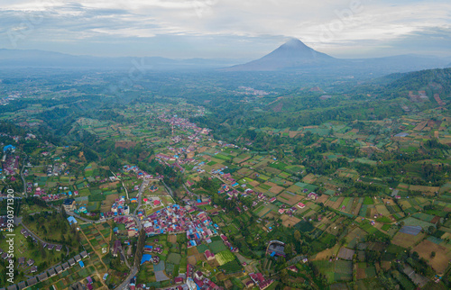 Aerial drone view of Mount Sinabung at Berastagi in North Sumatra, Indonesia. photo