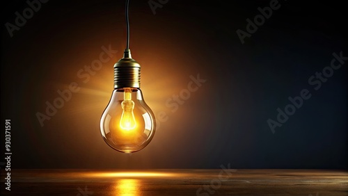 A lone lightbulb suspended in darkness, radiating a warm, golden glow, symbolizing a single, bright idea emerging from the void of isolation. photo