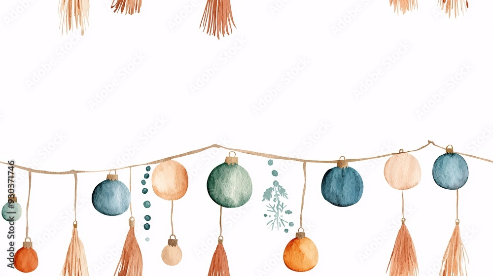 Seamless Pattern Christmas Garland: A charming watercolor illustration of a Christmas garland with rustic-inspired ornaments and tassels, perfect for adding a touch of cozy elegance to your holiday Seamless Pattern Christmas Garland: A charming watercolor illustration of a Christmas garland with rustic-inspired ornaments and tassels, perfect for adding a touch of cozy elegance to your holiday