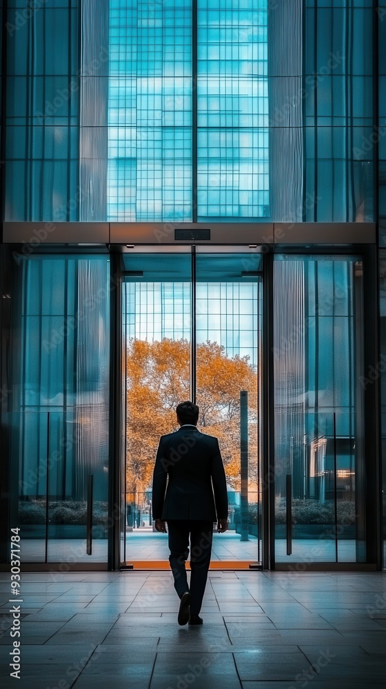 A man in a suit walks into a building with a glass door A man in a suit walks into a building with a glass door