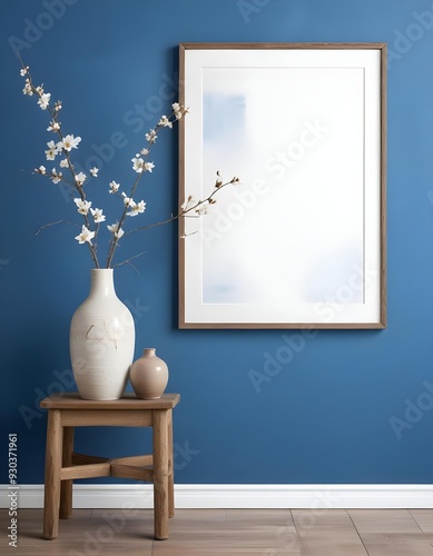 A white vase with branches and flowers on a wooden stool in front of a blue wall with a white framed artwork.